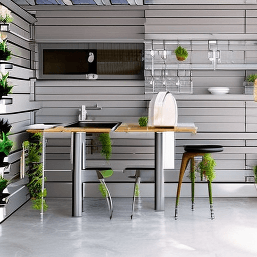 AI generated: a small kitchen with a gray kitchen set, light floor,gray wooden walls, with a round table in the mi...