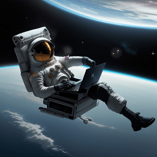 AI generated: A gaming laptop floating in space, drifting along the Milky, realistic, The astronaut who is reachin...