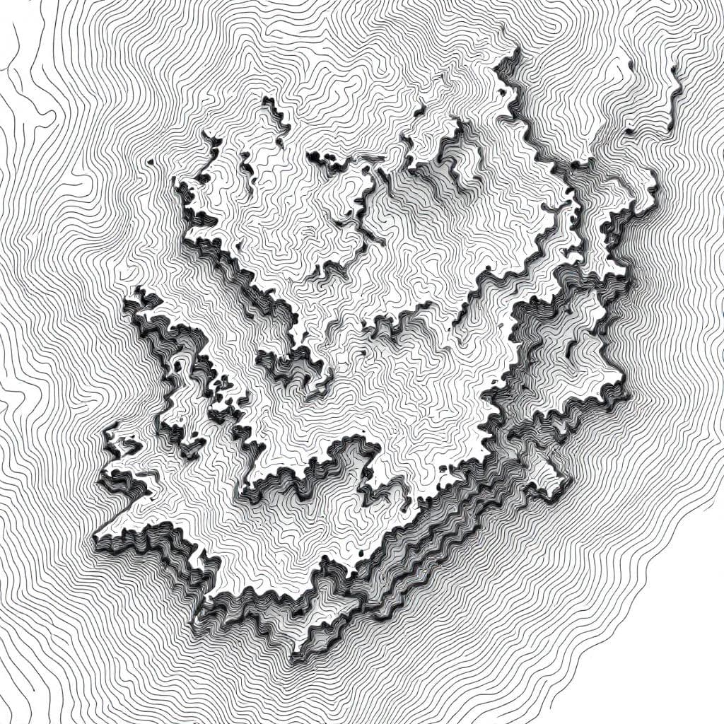 AI generated: Top-down contour line illustration, highly detailed topographic map style, fine black ink lines on w...