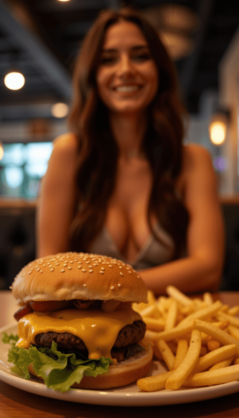 AI generated: close up of a cheeseburger and French fries on a table in a restaurant, a woman in the background we...
