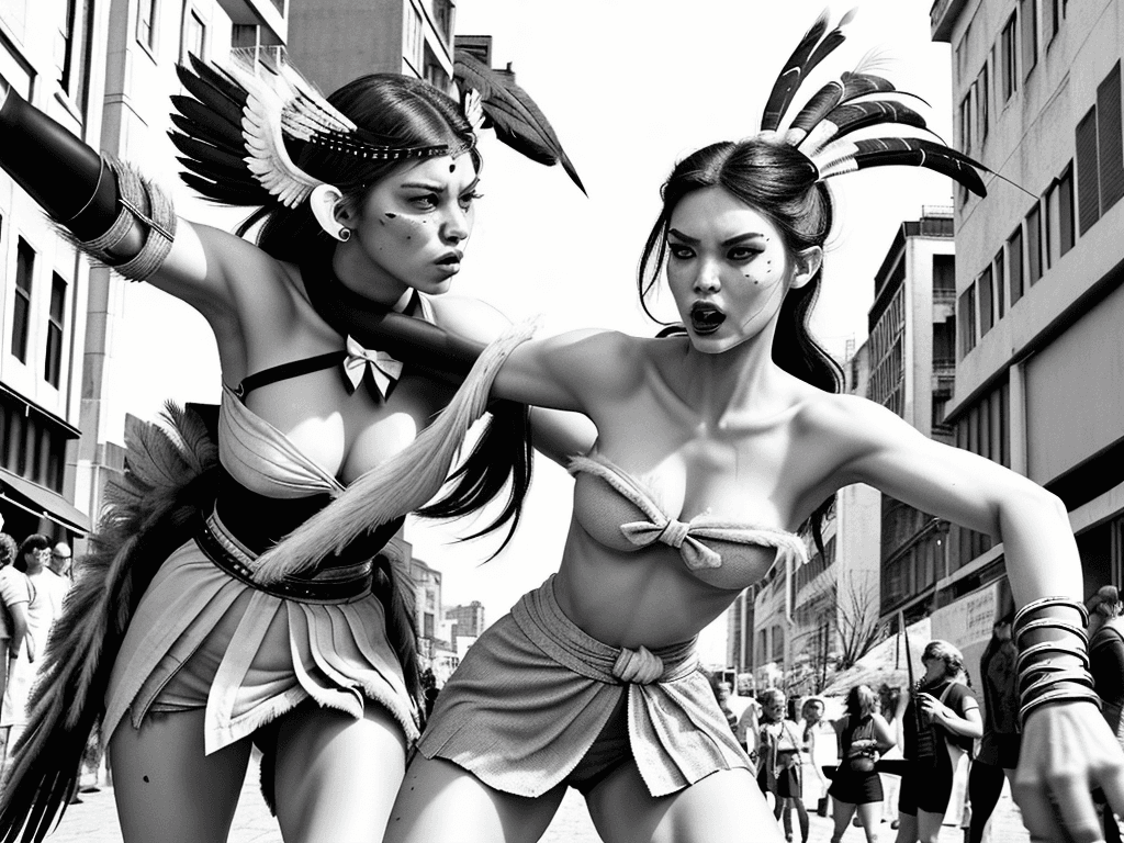 AI generated: an fierce female in comic style street style, line art, 2d halting with a stretched arm assaulting b...