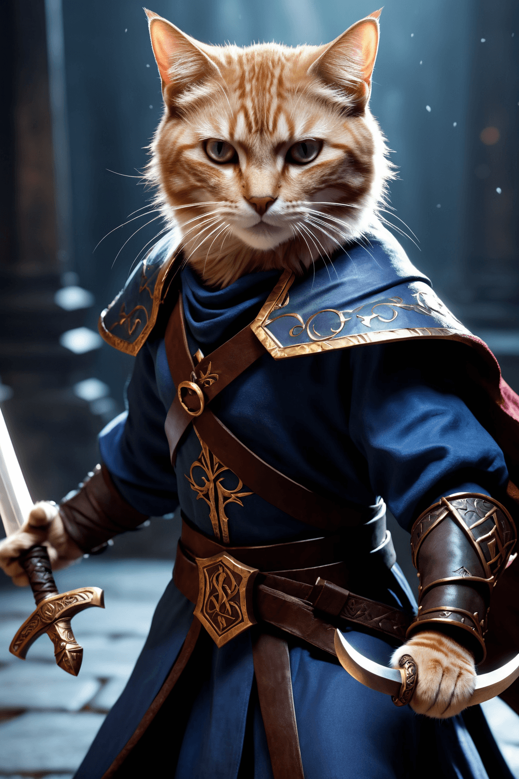 AI generated: A cat battle mage, sword and shild with runes, dramatic lighting, dynamic pose, dynamic camera, mast...
