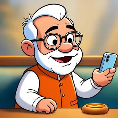 AI generated video: A cartoon animated Indian prime minister character sitting in a restaurant booth, holding a mobile p...