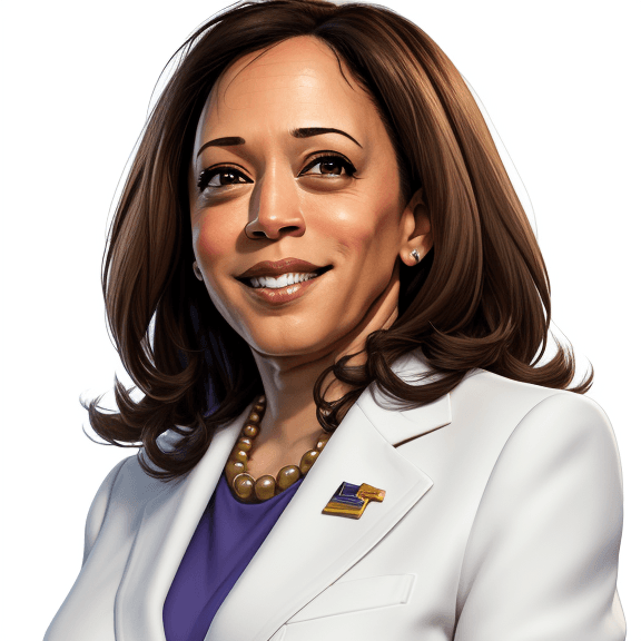 AI generated: cartoon kamala harris headshot, looking into camera, white background, smiling, 4K, wearing a cream ...