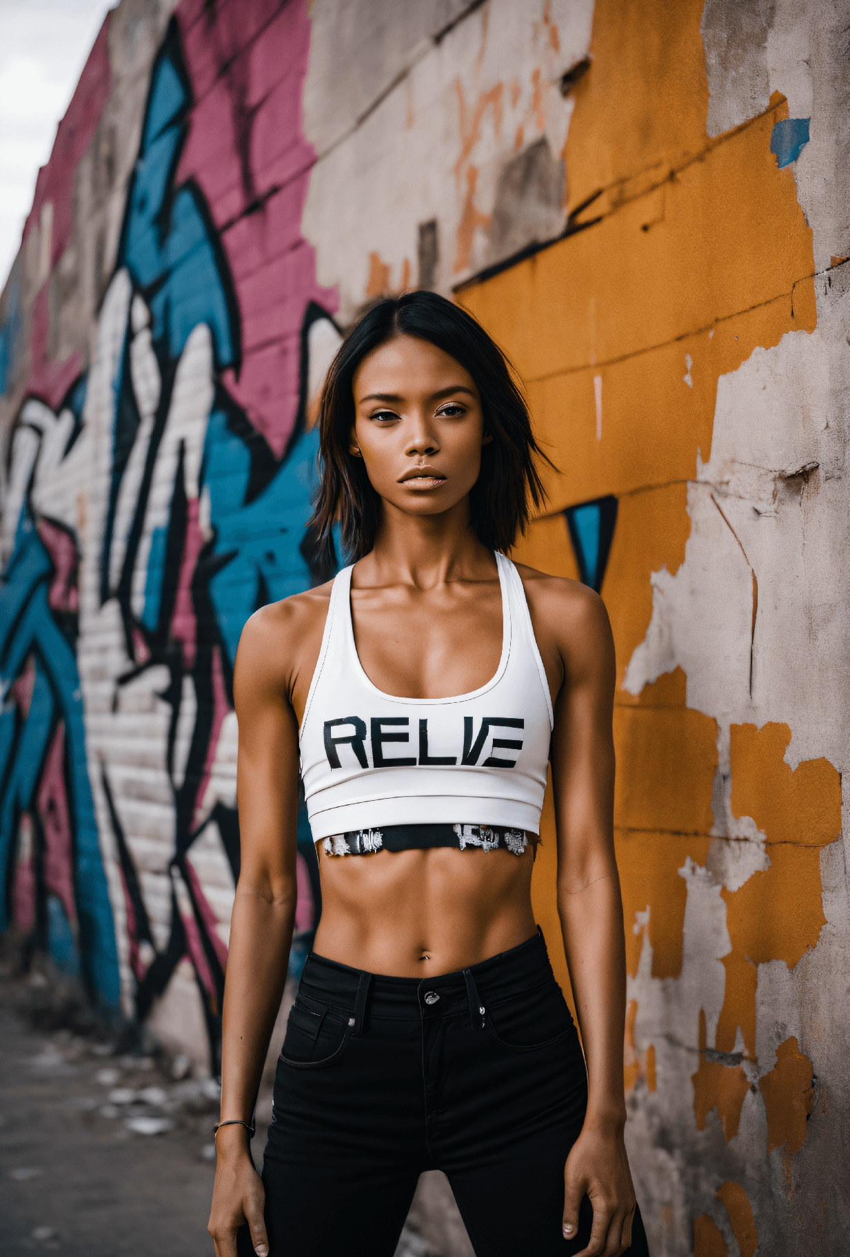 AI generated: minimalist style a photo of a graffiti-covered wall behind a skinny young woman with ripped clothes,...