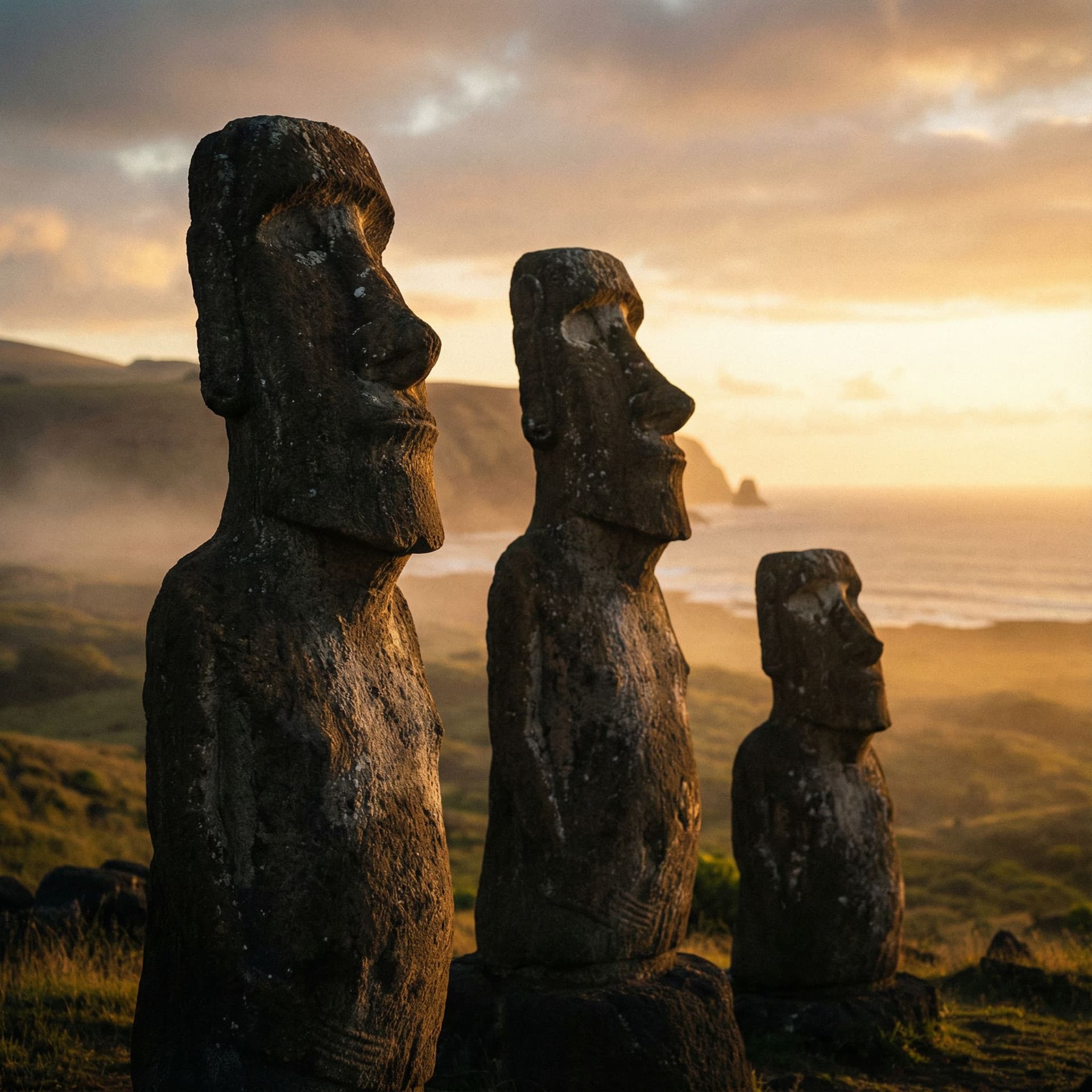 AI generated: Moai statues on Easter Island at sunset, distant ocean in the background, mystical but peaceful atmo...