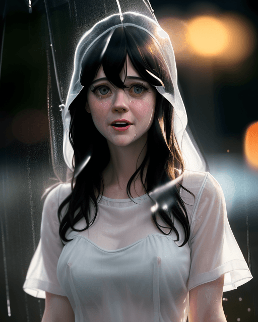 AI generated: detailed and realistic photograph of zooey deschanel, (( wet white see through shirt 1, 4)),((mouth ...