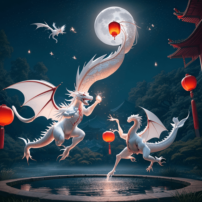 AI generated: Photo of a pure white chinese dragon and pure red chinese dragon, dancing together flying mid-air, b...