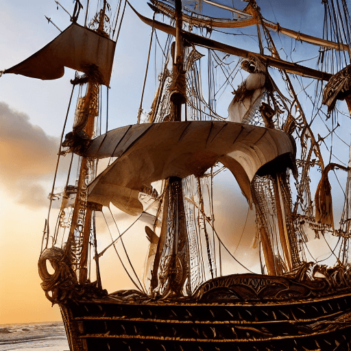 AI generated: pirate ship, adorned with intricate designs and shining shackles, battling a storm. The hull, marked...