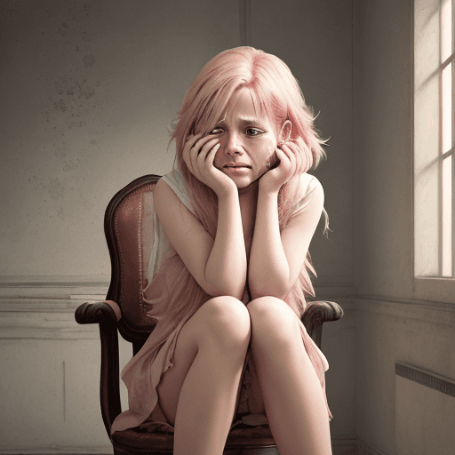AI generated: Beautiful and attractive girl crying, with teary eyes, with pink hair, soft skin, sitting on a chair...