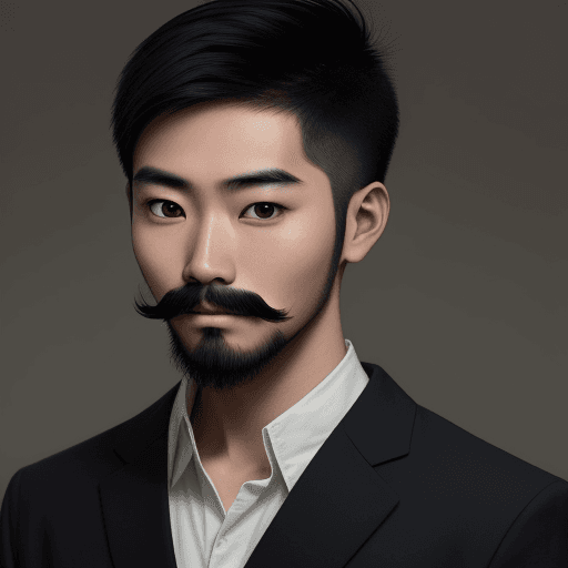 AI generated: a young asian man with a thin mustache and beard with void eyes::1