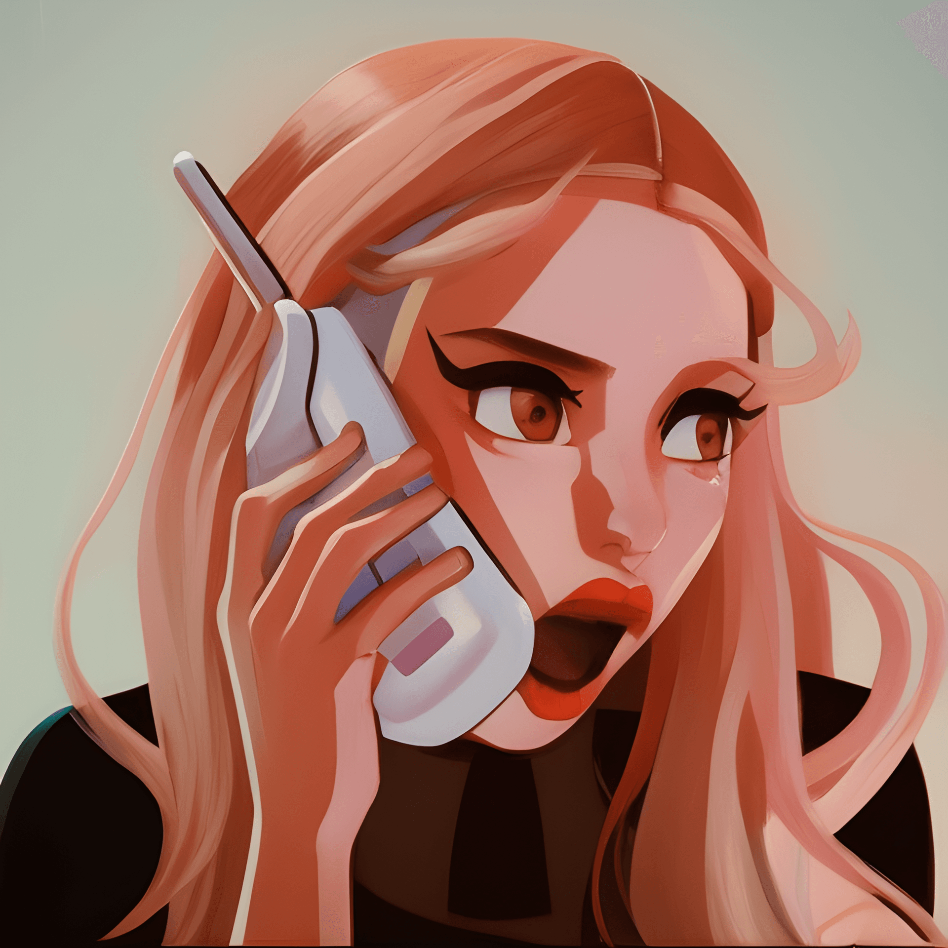 AI generated: a woman holding a cell phone to her ear, inspired by loish, tumblr, digital art, surprised, girl mak...