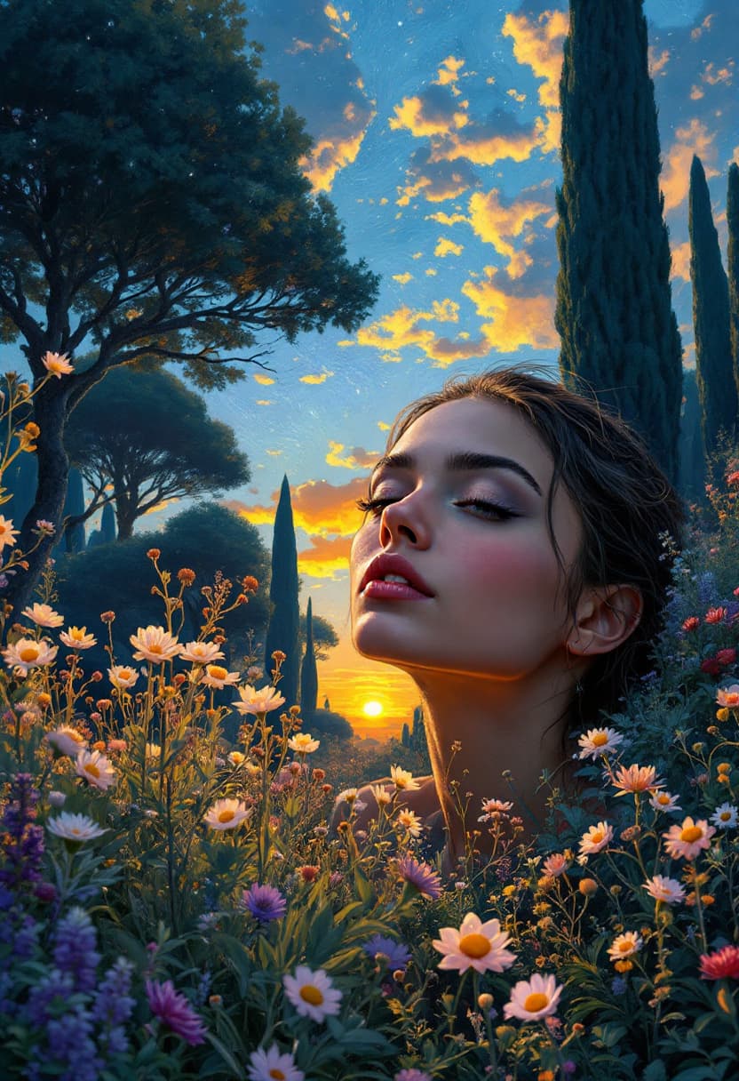 AI generated: Woman in an alien garden, Great landscape, nature at sunset, spiritual, surreal, trees, fine art, ta...