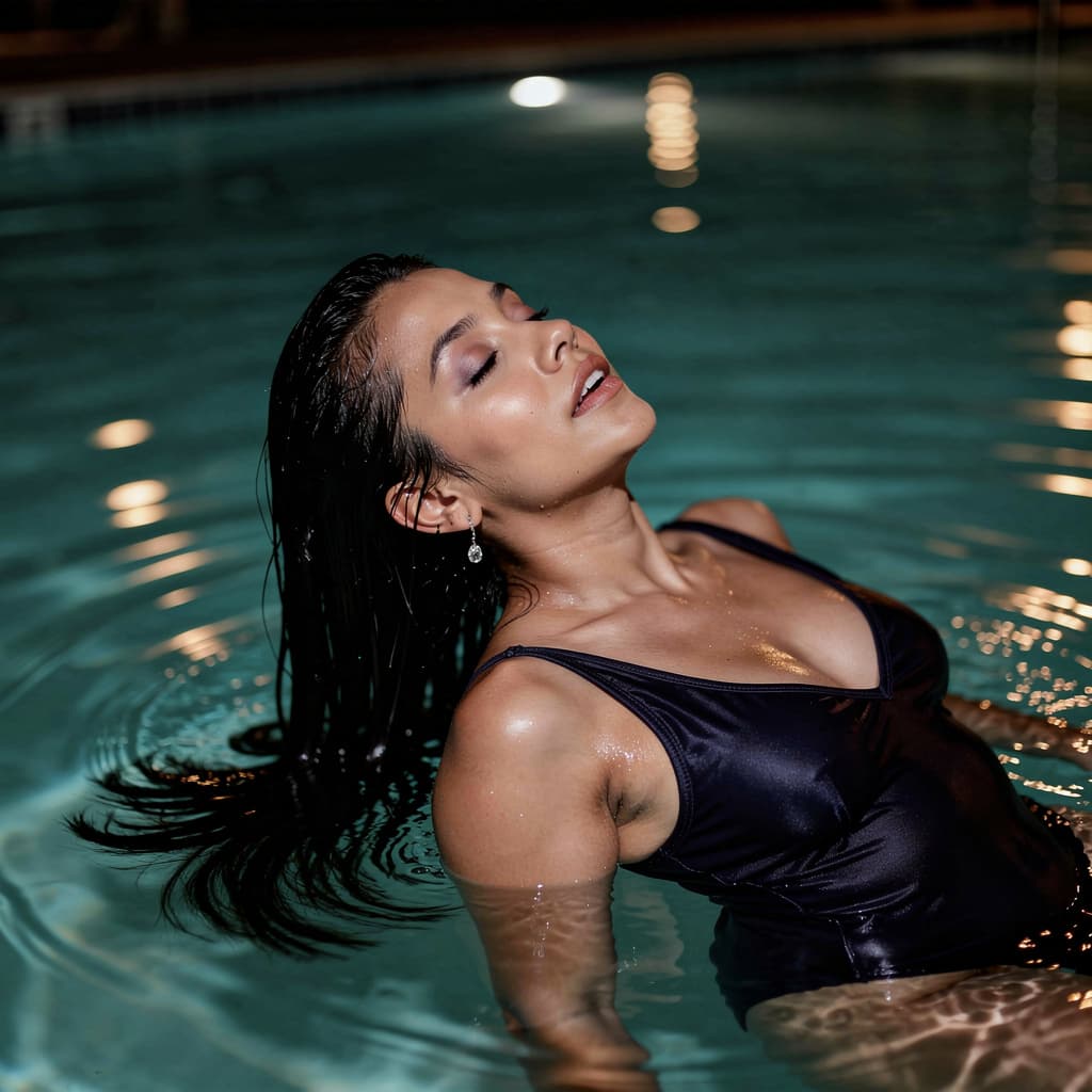 AI generated: A serene woman with wet dark black  hair in a pool, head tilted back, closed eyes, parted lips, turq...