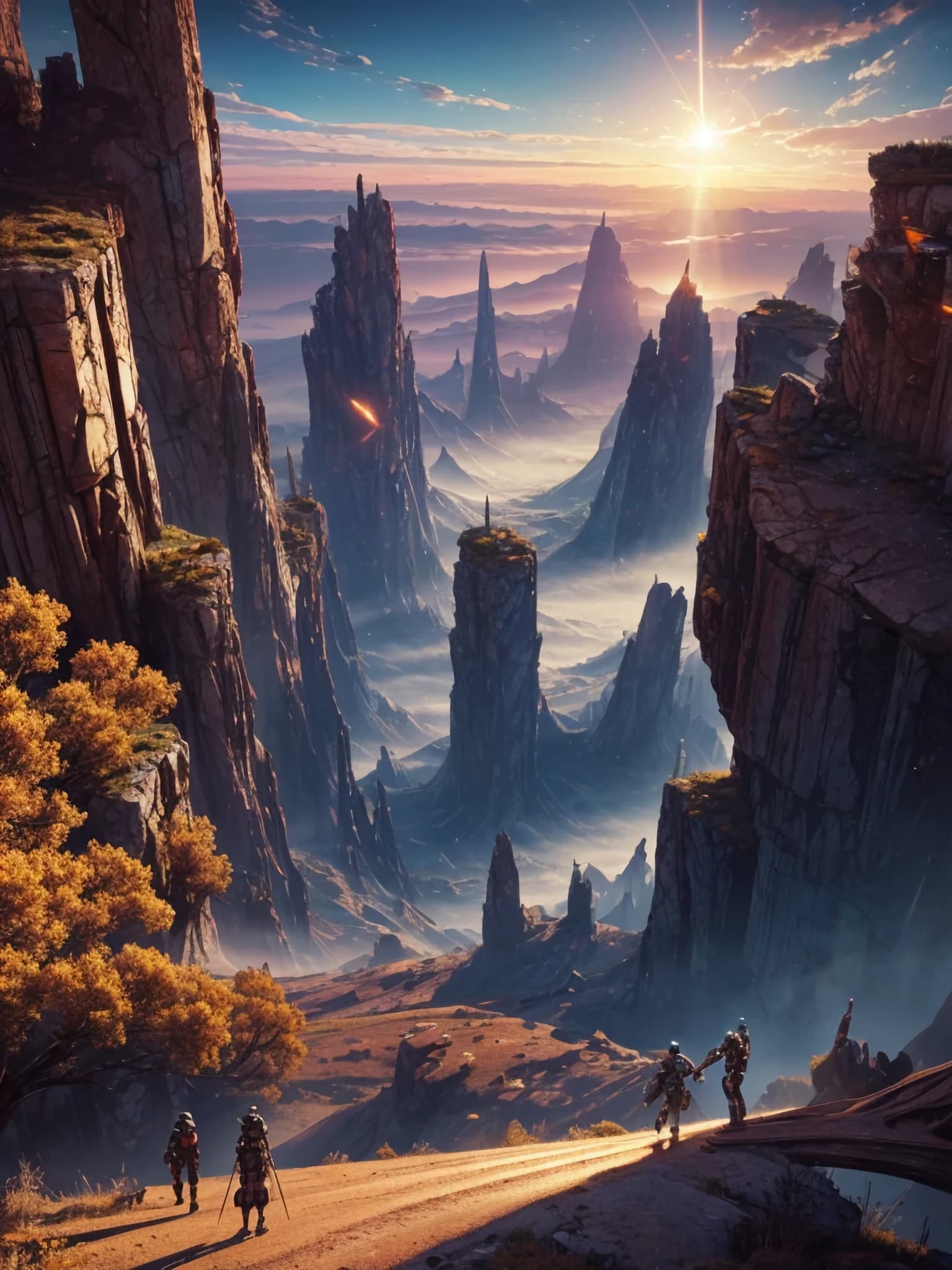 AI generated: Breathlessly beautiful landscape, mix of futuristic and medieval style on an alien planet, ultra-rea...