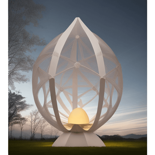 AI generated: "Behold a marvel of design—an egg-shaped tent structure that emanates a soft glow. Crafted from alum...