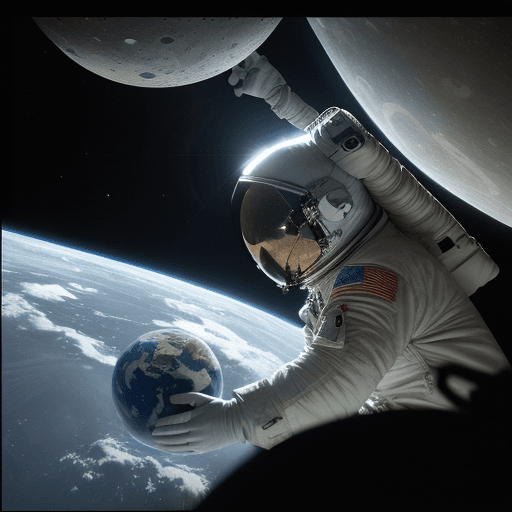 AI generated: an astronaut looks at the earth from the moon and is questioning