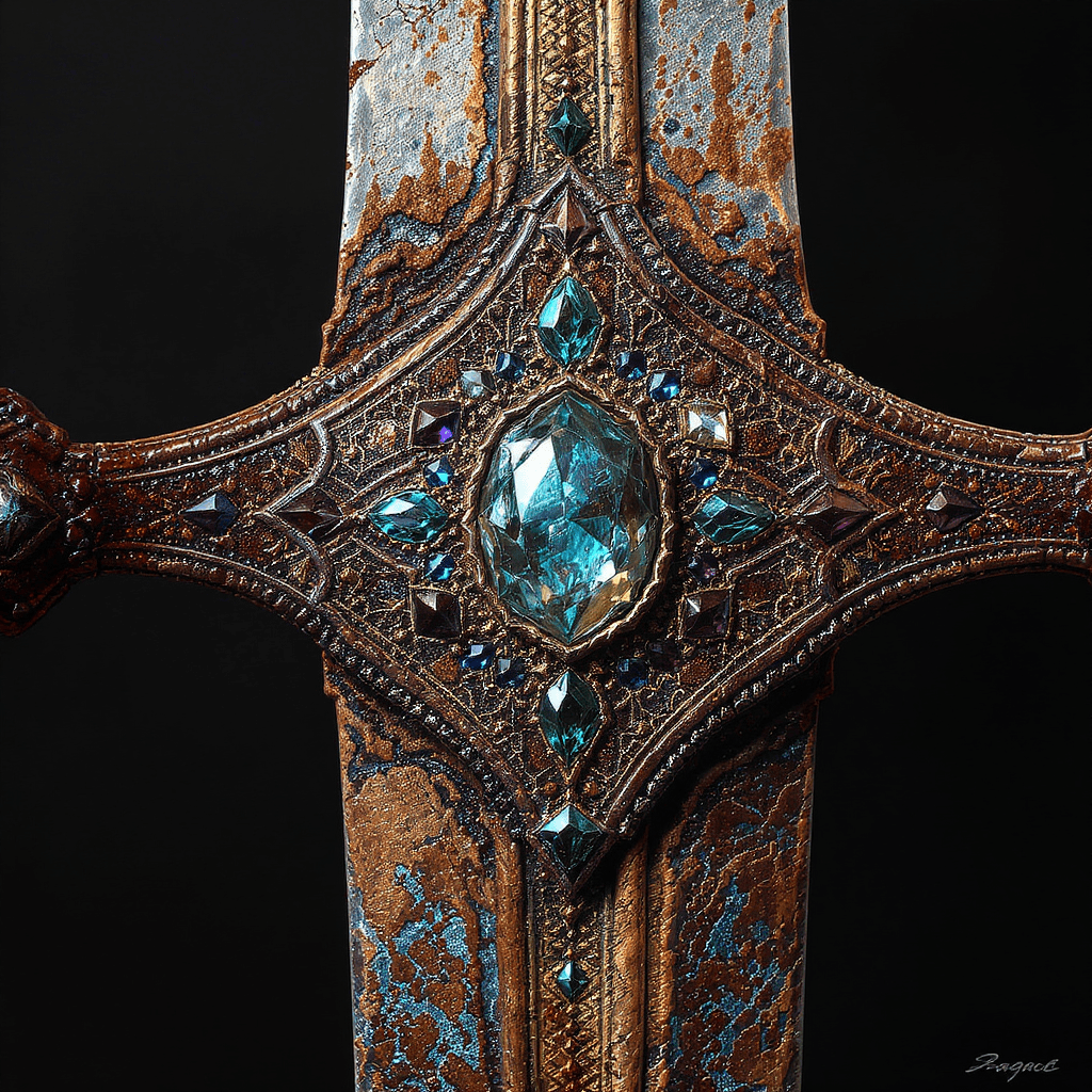 AI generated: close-up of an ancient sword hilt embedded with faded gemstones, erosion detail -v 7-style historica...