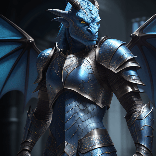 AI generated: A dragonborn with blue scales and yellow eyes, he has wings and wears leather armor., intricate desi...