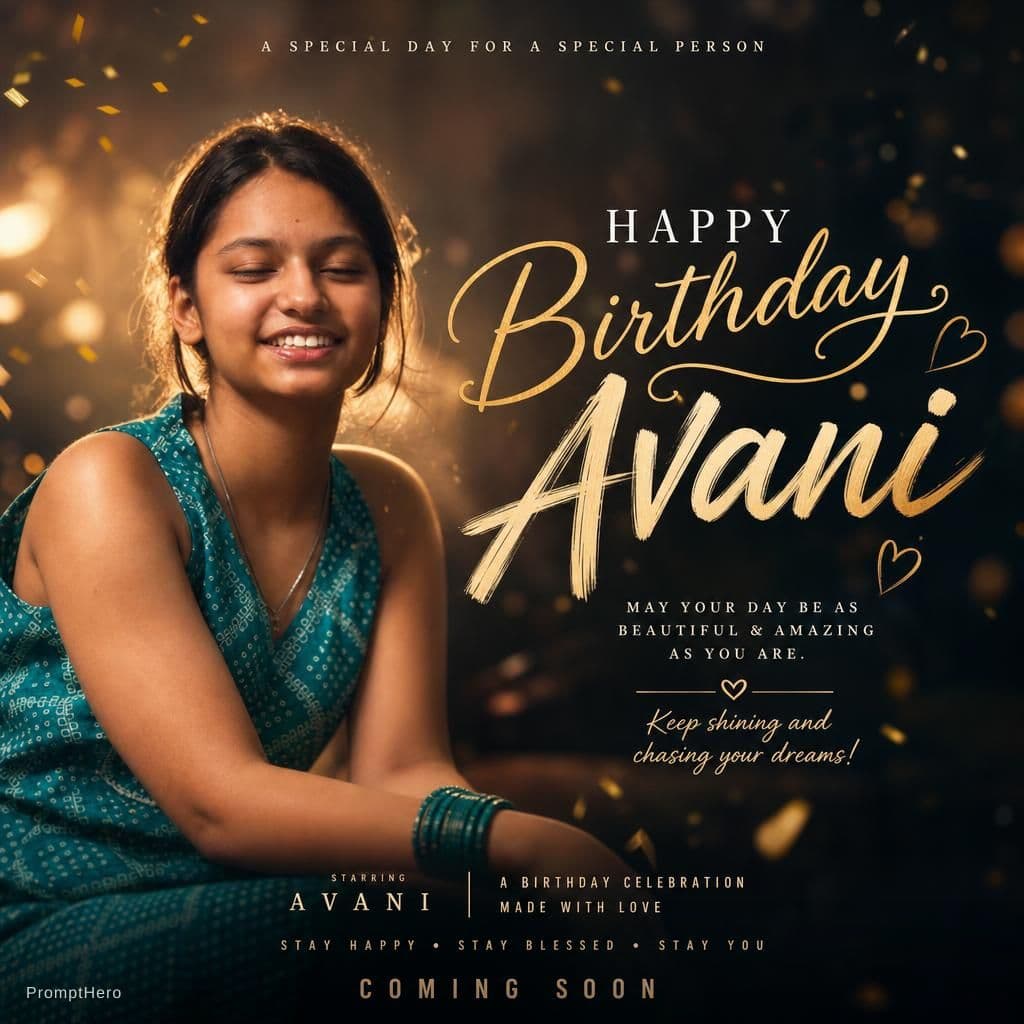 AI generated: Happy birthday Avani using the image of left side girl with cinematic poster