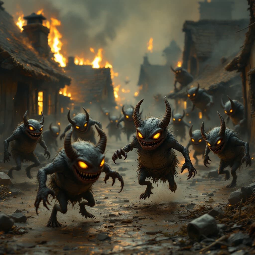 AI generated: A chaotic scene in a small, rustic village under attack by small, mischievous creatures. These creat...