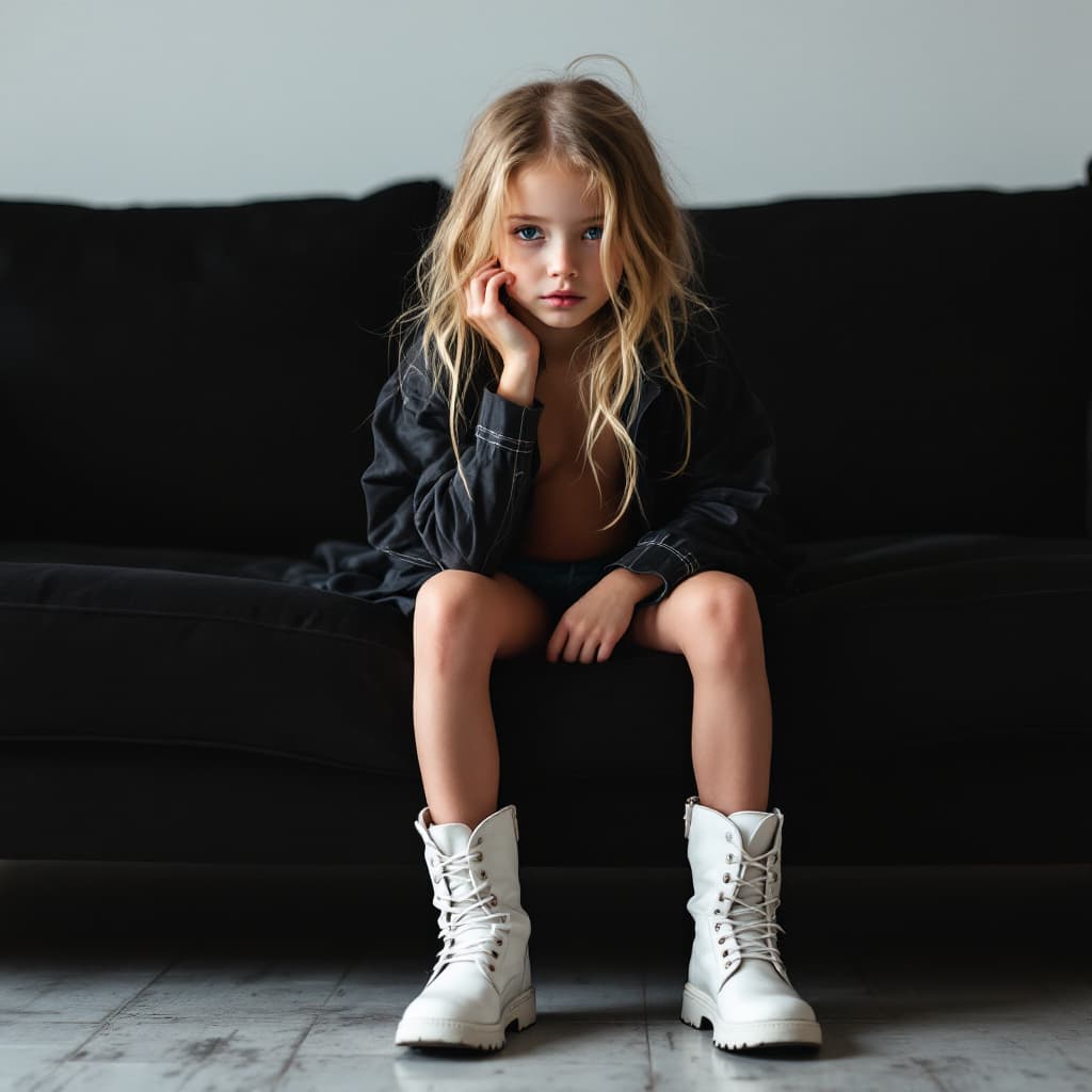 AI generated:  skinny child girl model 12yo in a black sofa and white boots show his belly