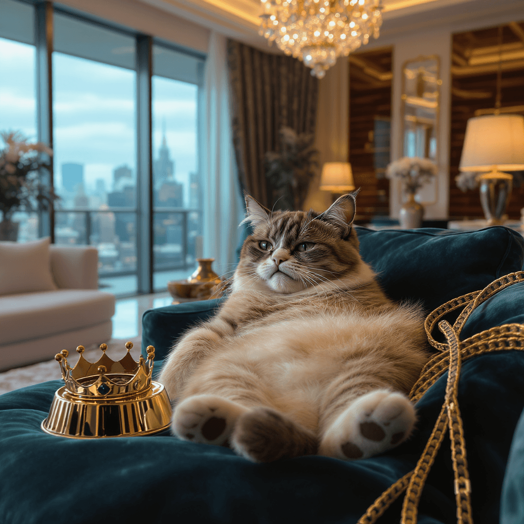 AI generated: **Prompt:** "A pampered house cat lounging dramatically on a velvet cushion in a lavish modern livin...
