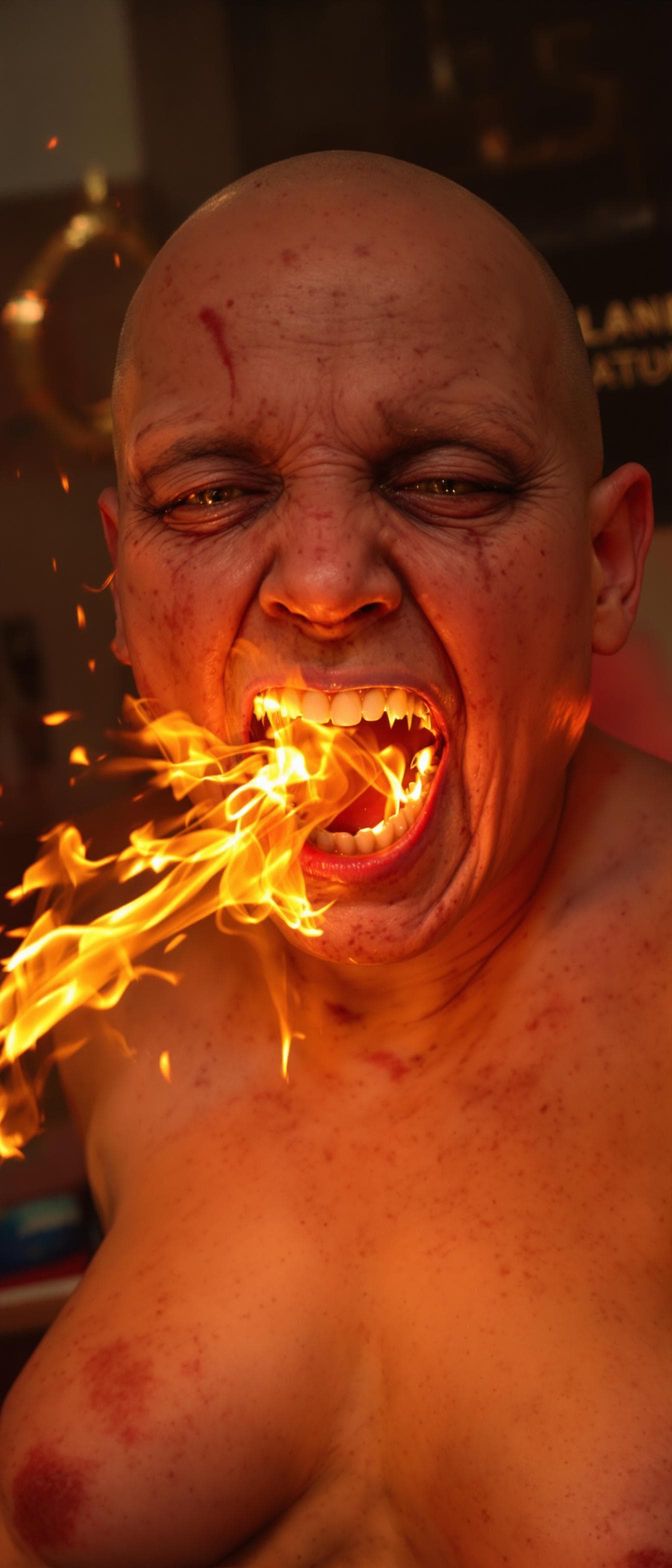 AI generated: An ugly face woman with ugly body  dancing in a party with fire from her mouth  . She is bald . She ...