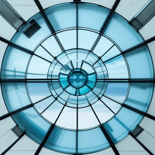 AI generated: photo of a glass ventilator from inside of the building with a color combination of blue white