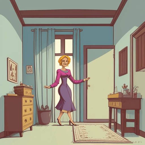 AI generated: A wealthy lady with smile in the poor man's room, view from the front left,  book illustration style...