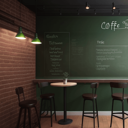 AI generated: coffee shop bar table, bricks walls, green floor, warm lighting, minimalist interior design, blackbo...