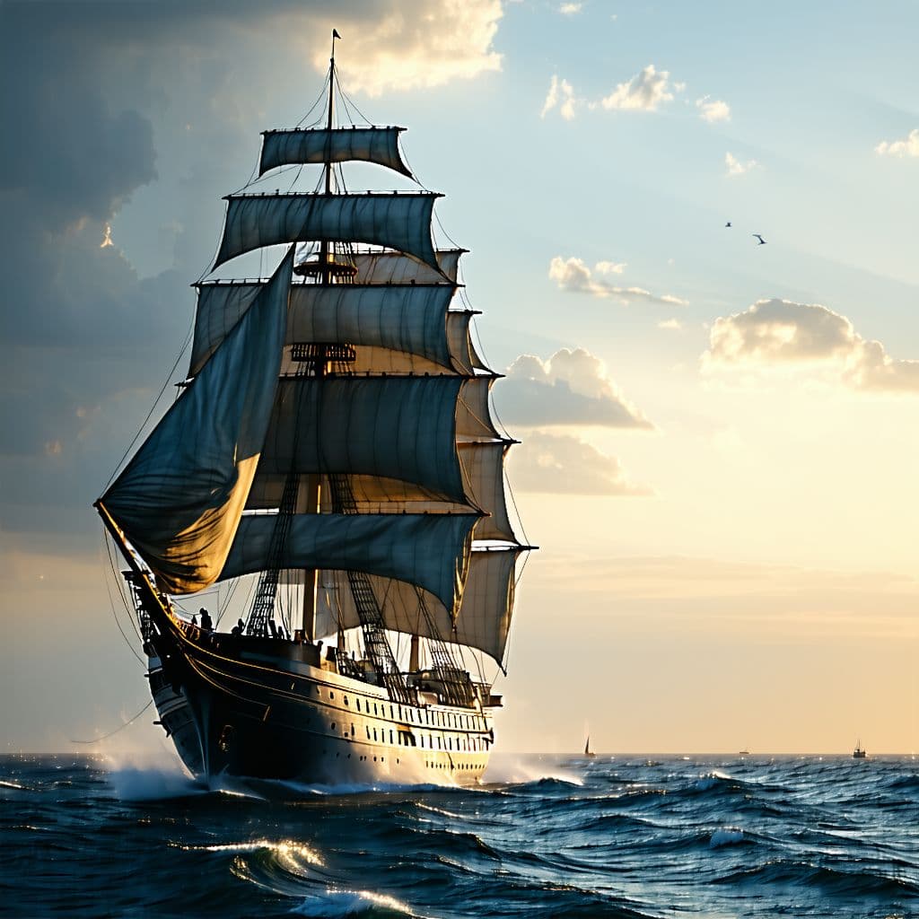 AI generated: Photo of a ultra realistic sailing ship, dramatic light, pale sunrise, cinematic lighting, battered,...