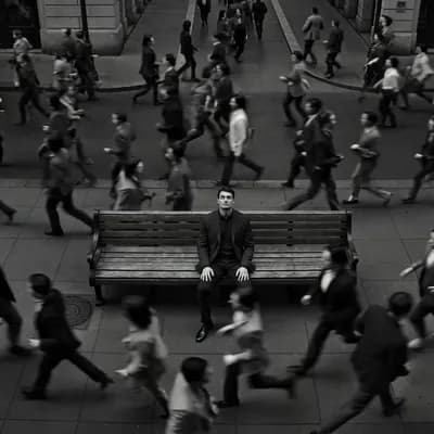 AI generated video: Cinematic black and white scene of a crowded city street viewed from above, hundreds of people rushi...