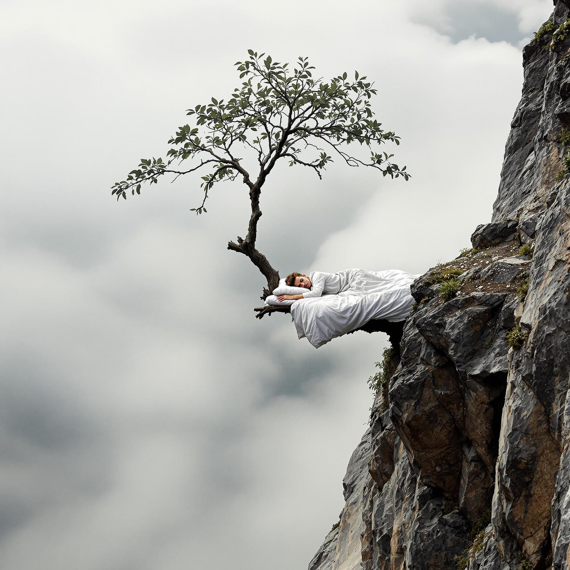AI generated: acrophobic composition, photo at an extreme angle from the center of a steep cliff a branch sticks o...