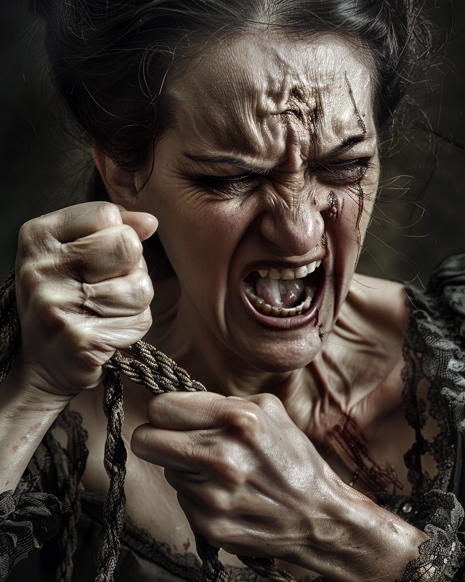AI generated: cinematic, realistic photography, A manipulative, dictatorial woman who enjoys drawing victims into ...