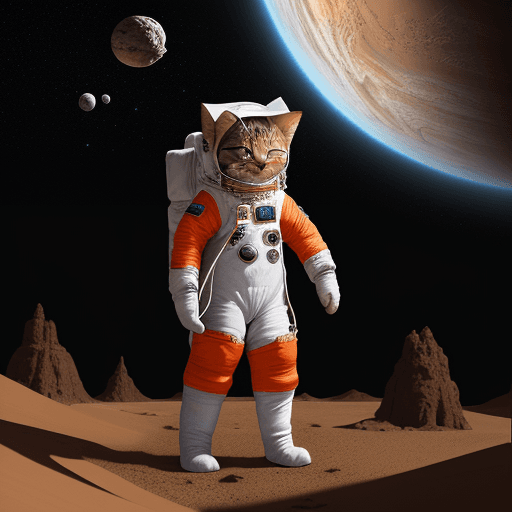 AI generated: a cat is in space suit, standing in the dirt, in the style of fantasy art, dark white and dark orang...