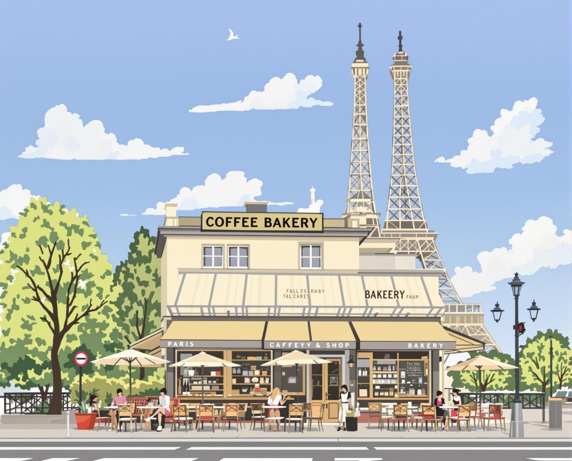 AI generated: Coffee shop as if it’s being in paris, you can draw the  bakery and add Eiffel Tower at the backgrou...