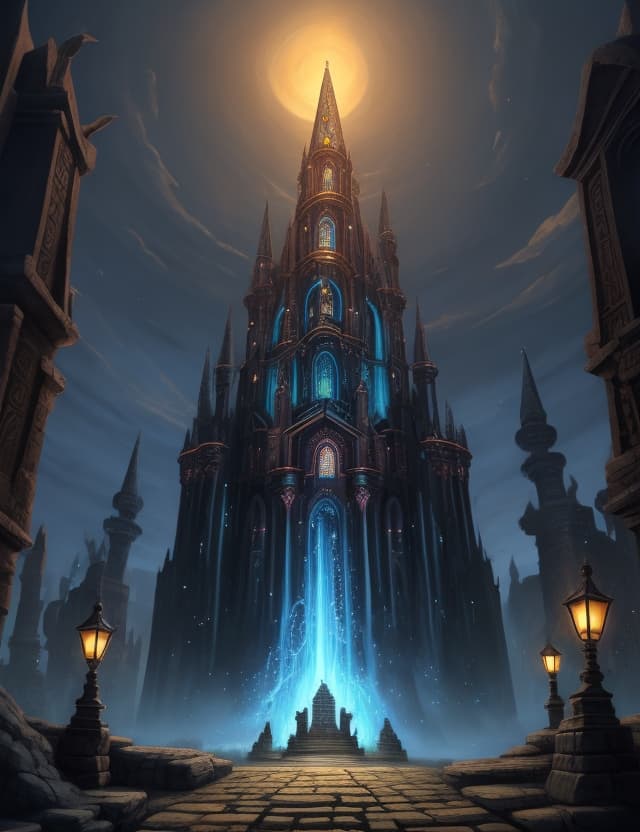 AI generated: Dark Ancient magical city mythical world illuminating and brightly magical