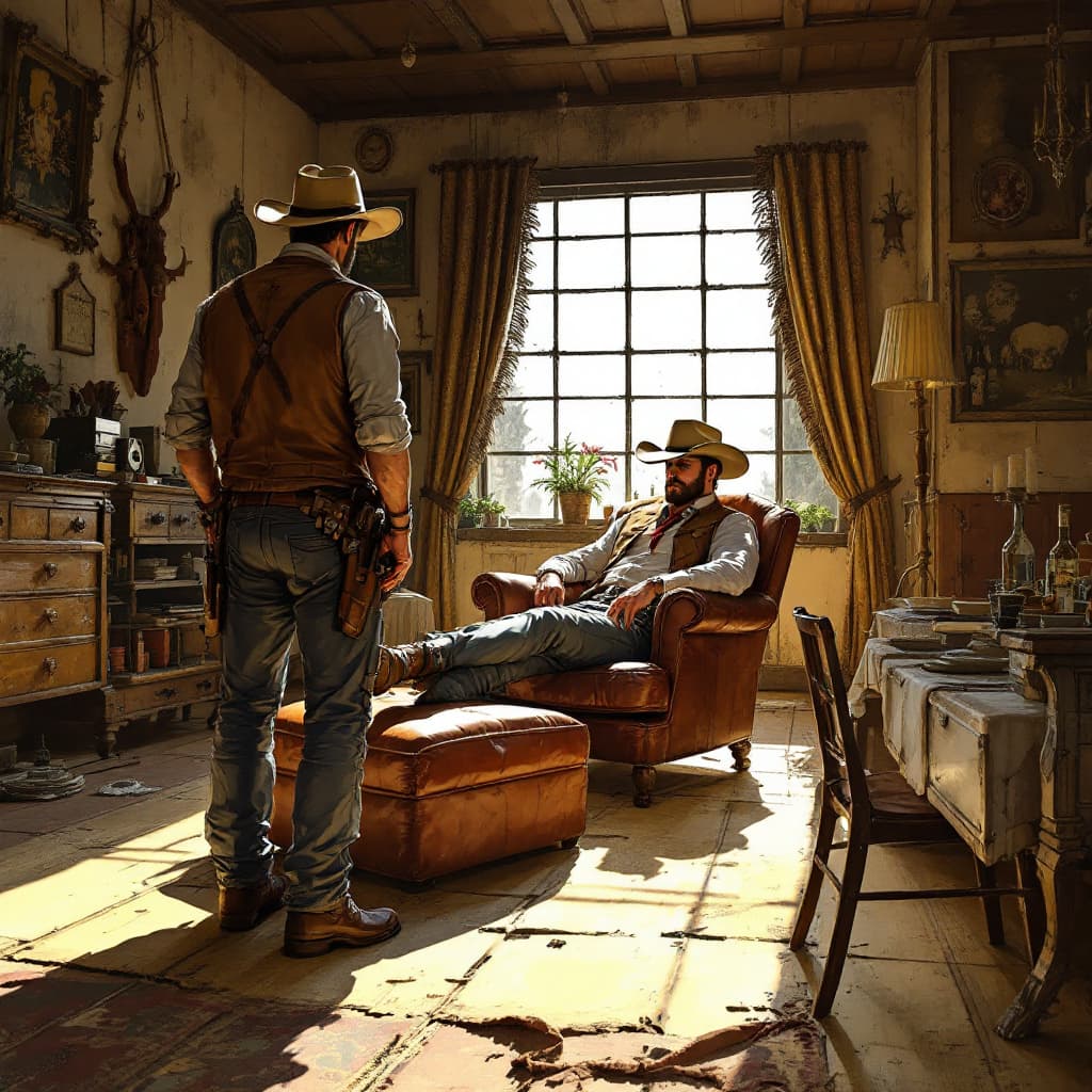 AI generated: My view standing looking across the room at cowboy sitting in leather chair with legs stretched out ...