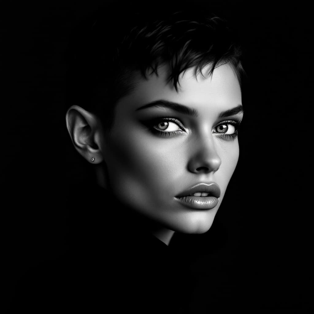 AI generated: High-fashion portrait of an androgynous supermodel with short hair, fashion magazine cover in the st...