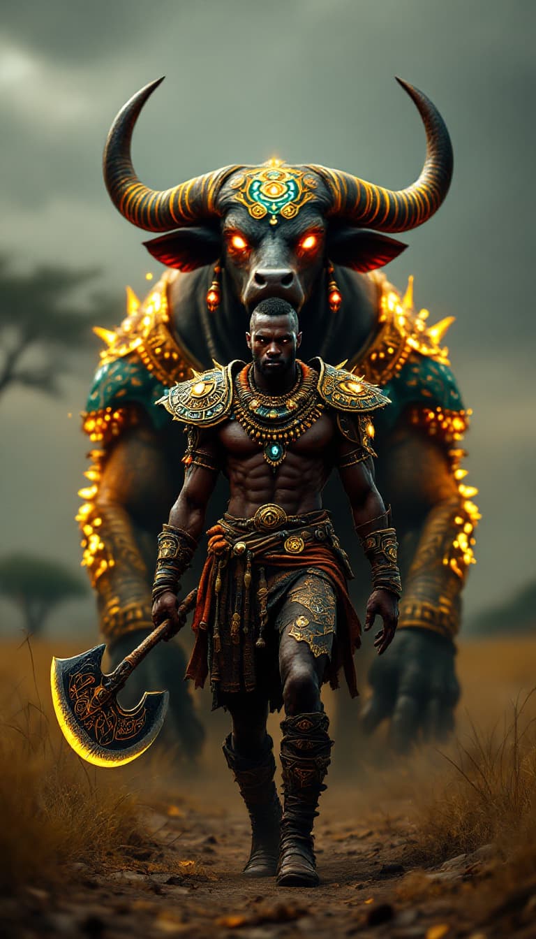 AI generated: An ultra-realistic, wide angle, front facing, full-body portrait of a skilled African Beastmaster, d...