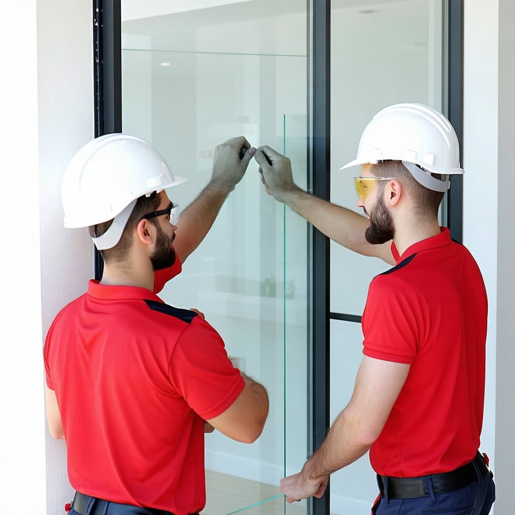 AI generated: make a 3D version of a two man wearing red shirt and hard hat installing glass window side by side