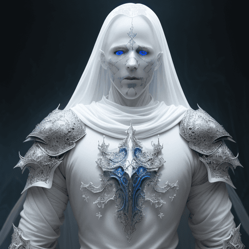 AI generated: man, covered in white porcelain skin, blue eyes, white wispy ghost wearing ornate armour 4k realisti...