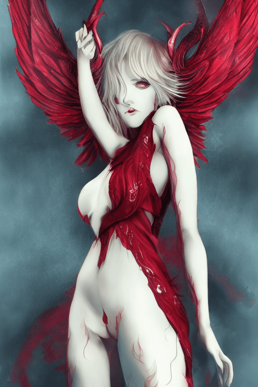 AI generated: Devil girl. Beautiful face. Realistic face. Slender body. A horned demon. Red iris. Demon wings. Det...