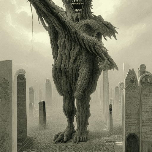 AI generated: giant monster in a cemetery in the style of Gustave Doré