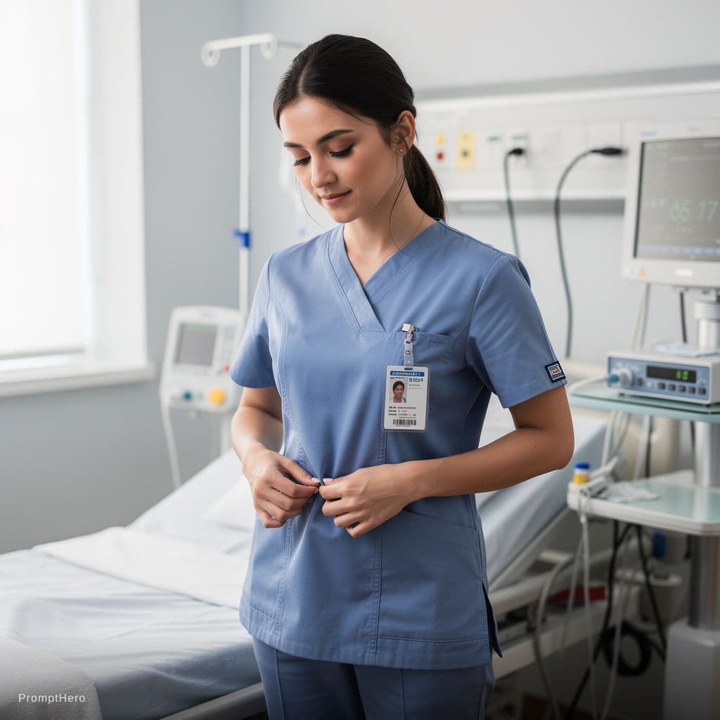 AI generated: nurse opening top exposing perfect breasts