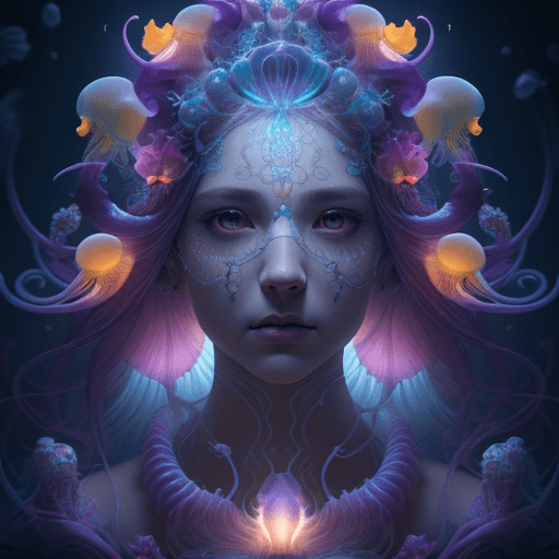 AI generated: Goddess close-up portrait ribcagel. jellyfish phoenix head, nautilus, orchid, skull, betta fish, bio...