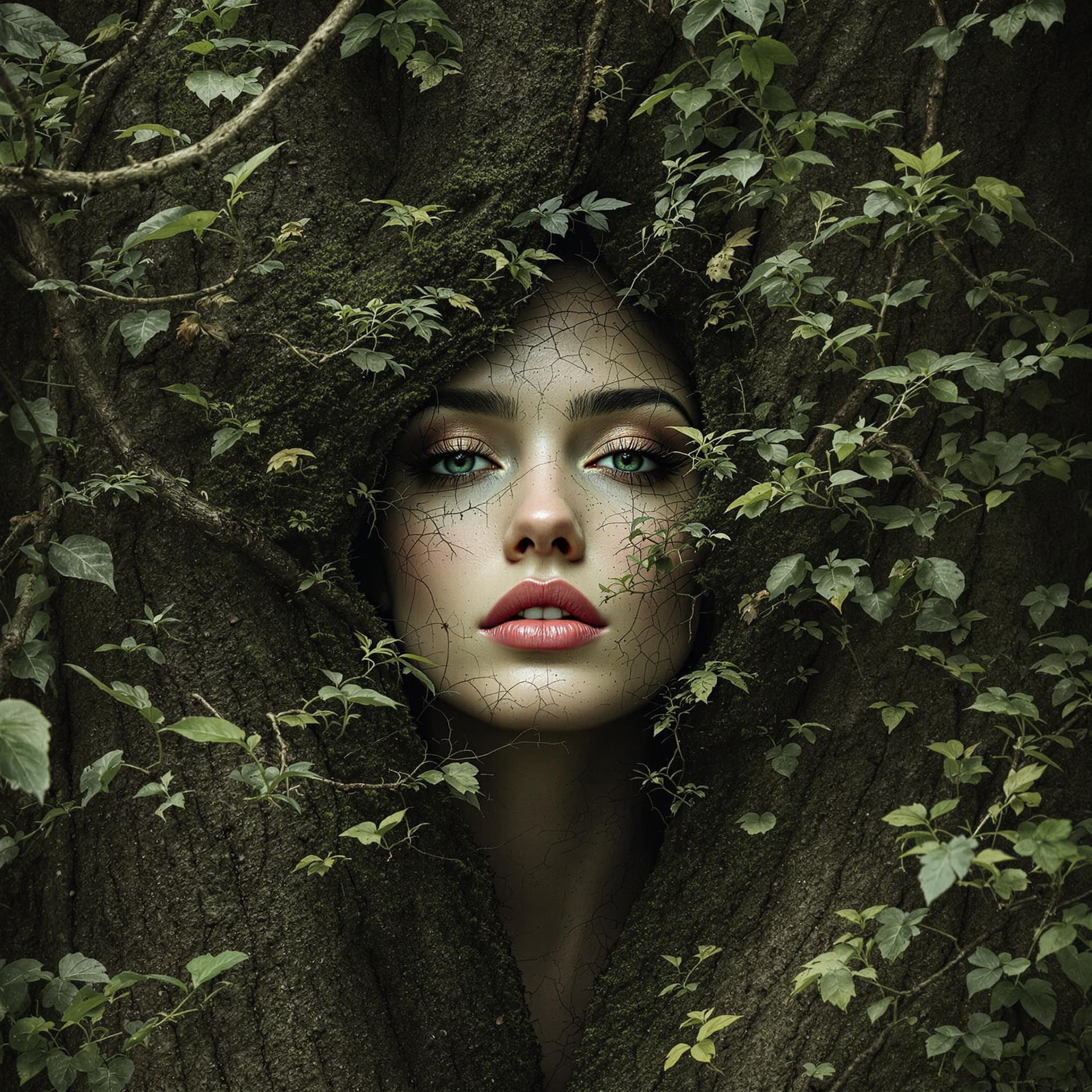 AI generated: A gorgeous woman who is part of the woods, surrounded and melting, emerging from the trees. --sref h...