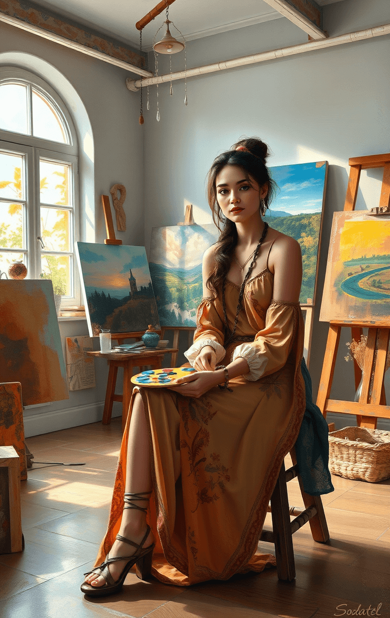 AI generated: A mesmerizing painting of a creative female artist, "Sozdatel," seated in a stunning, spacious art s...