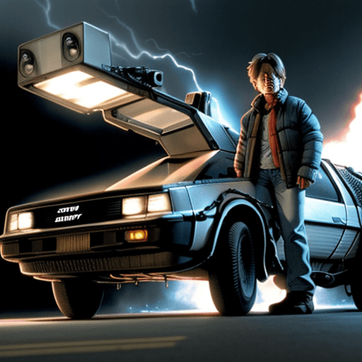 AI generated: Picture of the movie Back to the future with MArty mcFly next to a cybertruck instead of a Delorean ...